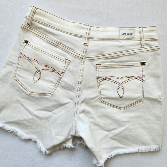 Judy Blue Pants - Judy Blue Rainbow Road Ecru Shorts Embroidered Frayed Hem Soft Stretchy Cute
